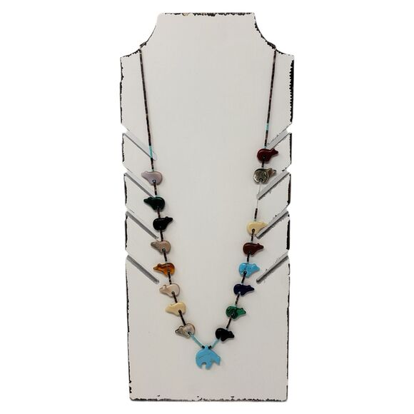 Native American Zuni Bear Totem Fetish Necklace Vintage Animal Natural Stone - Picture 1 of 12